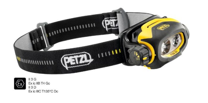 Lampada PIXA 3R frontale ricaricabile che consente di operare in ambiente con rischio di esplosione ATEX, adatta alla visione di prossimità, agli spostamenti e alla visione lontana. 90 lumen PETZL
