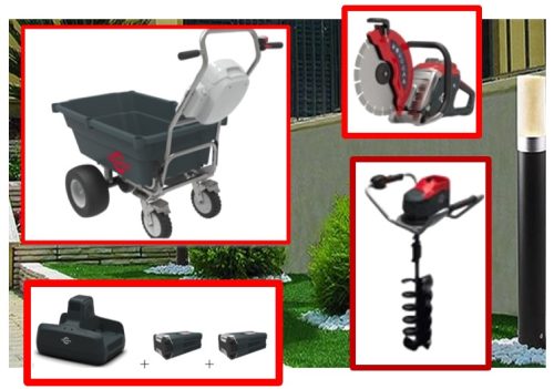 PRO CRAMER II 
Carriola 82v CRAMER 82UC +
Troncatrice professionale 82PC300 lama ferro pietra e cemento +
Trivella da terreno 82V +
Batteria 6.0 Ah + Batteria 4 Ah +
Caricabatteria 2 SLOT 4A
